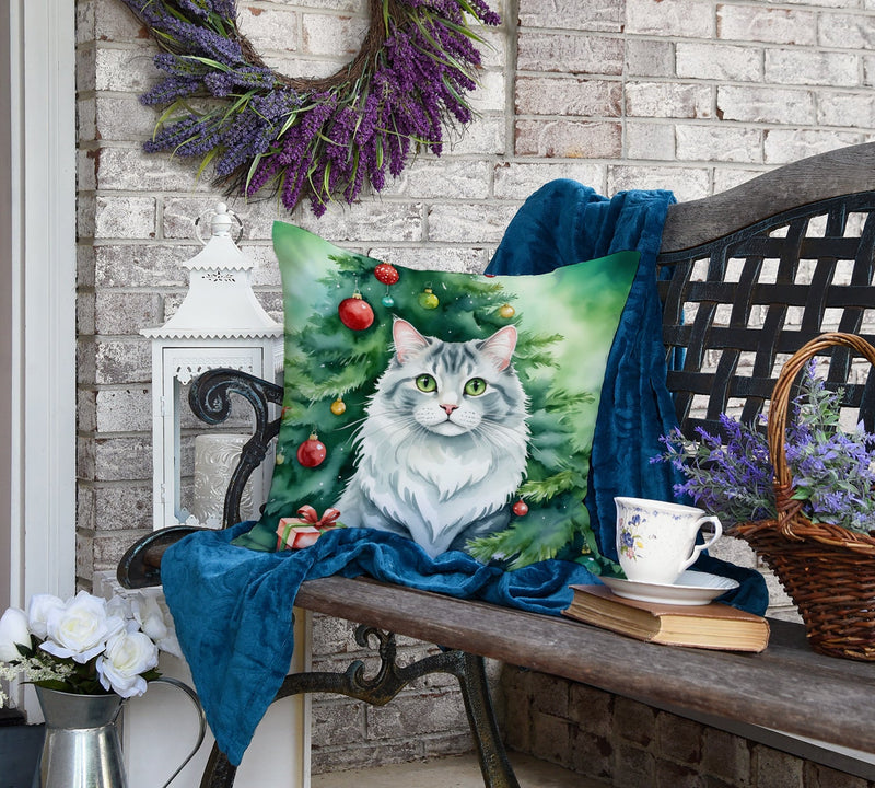 American Curl Cat By the Christmas Tree Throw Pillow