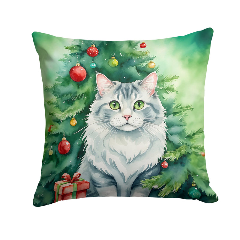 American Curl Cat By the Christmas Tree Throw Pillow