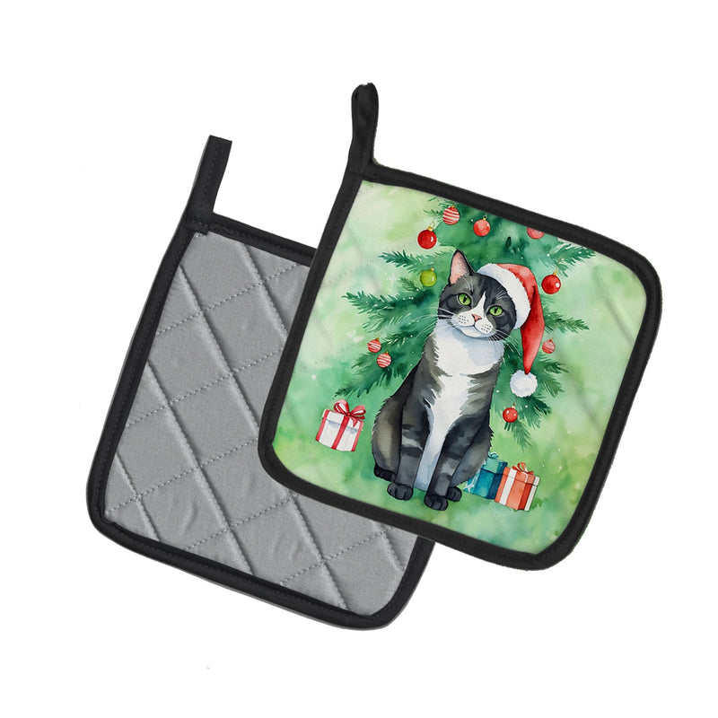 American Polydactyl Cat By the Christmas Tree Pair of Pot Holders