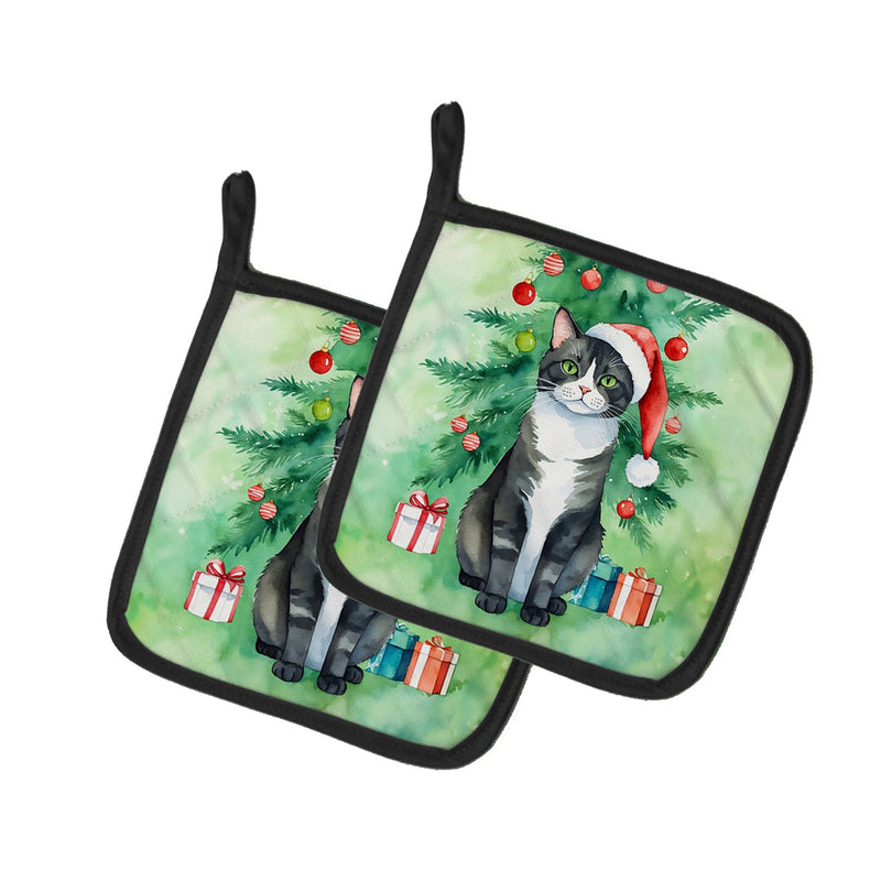 American Polydactyl Cat By the Christmas Tree Pair of Pot Holders