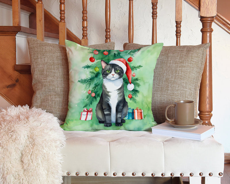 American Polydactyl Cat By the Christmas Tree Throw Pillow