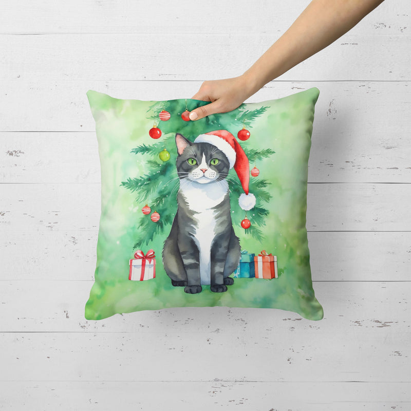 American Polydactyl Cat By the Christmas Tree Throw Pillow