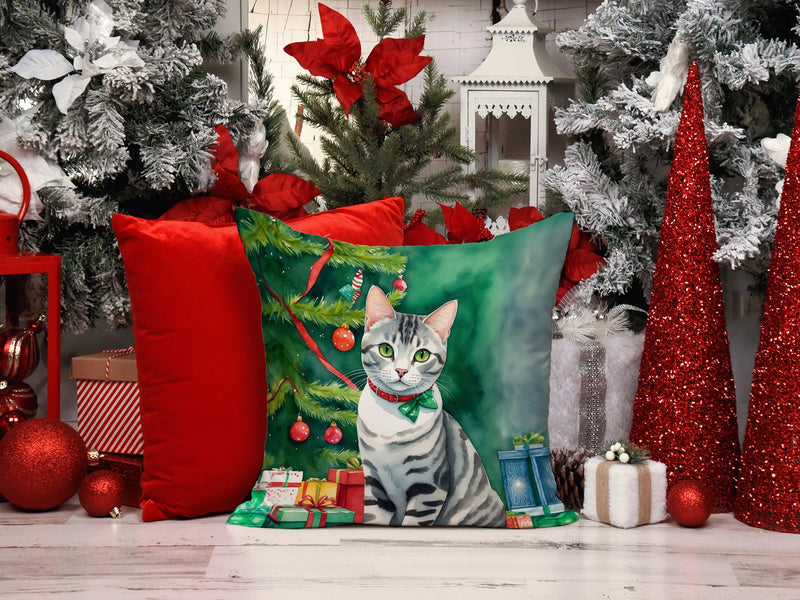 American Shorthair Cat By the Christmas Tree Throw Pillow