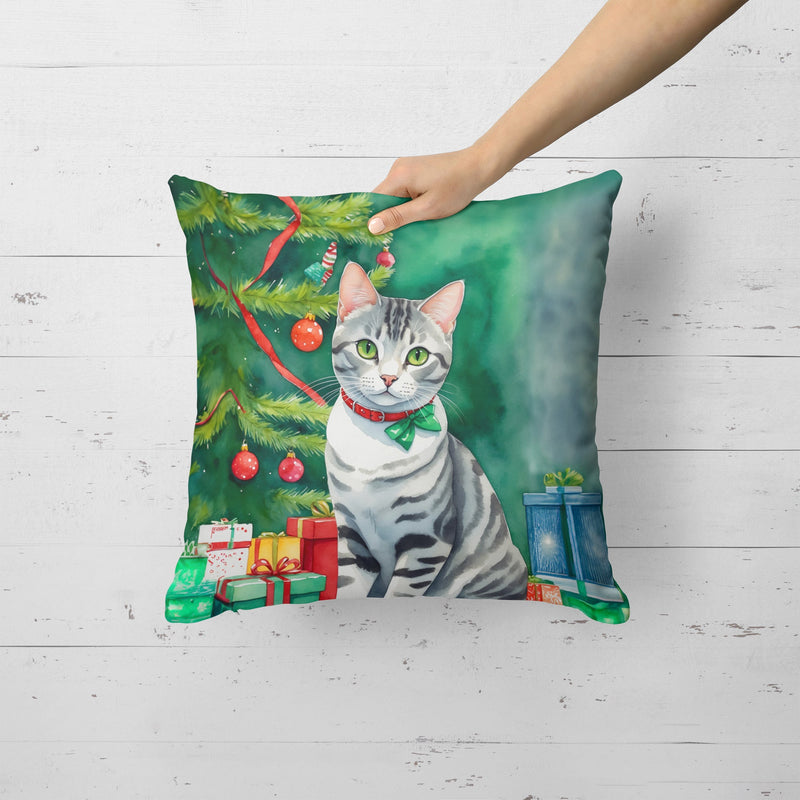 American Shorthair Cat By the Christmas Tree Throw Pillow