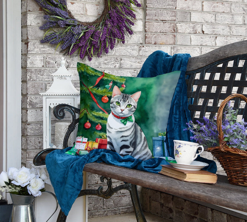 American Shorthair Cat By the Christmas Tree Throw Pillow