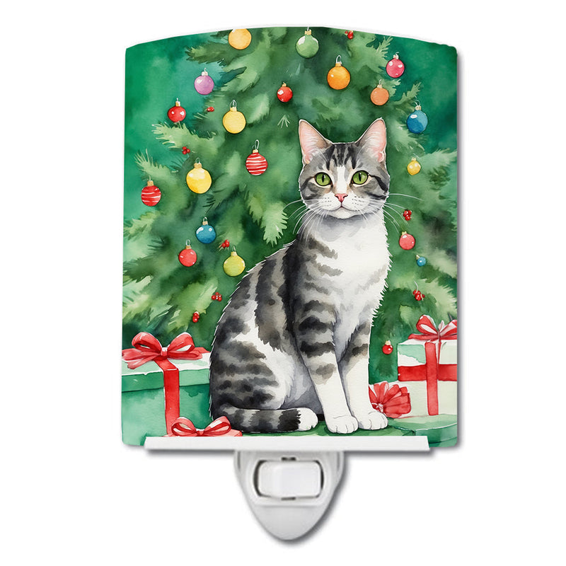 American Wirehair Cat By the Christmas Tree Ceramic Night Light