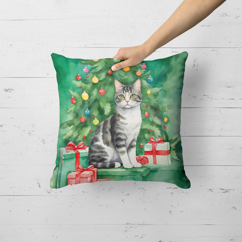 American Wirehair Cat By the Christmas Tree Throw Pillow