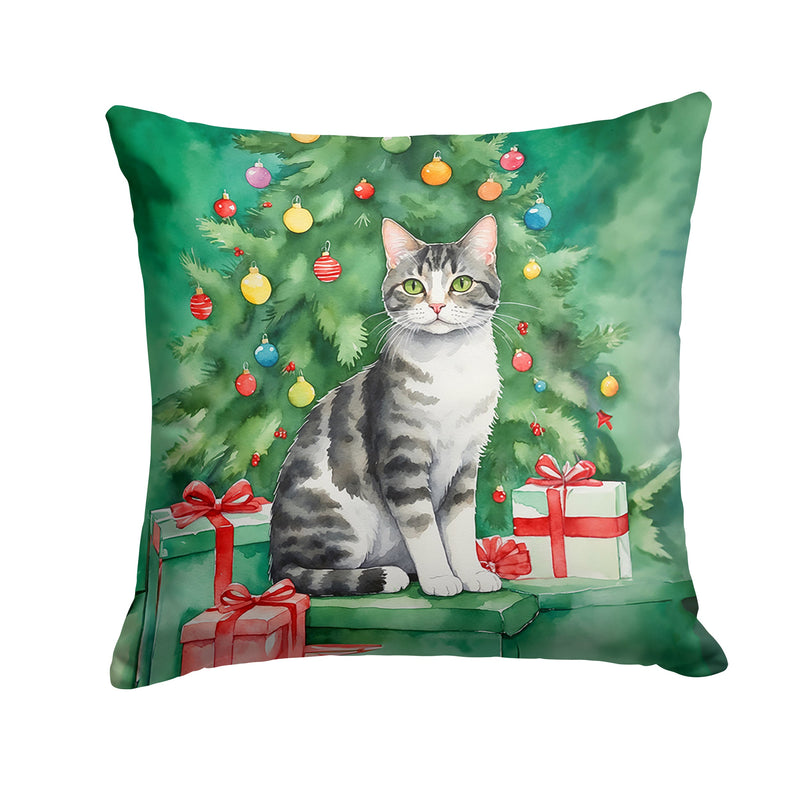 American Wirehair Cat By the Christmas Tree Throw Pillow