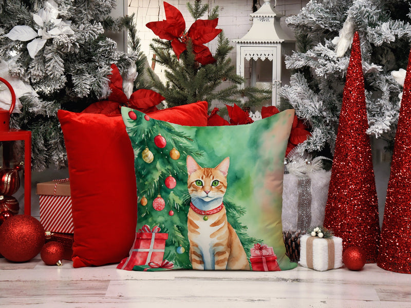 Arabian Mau Cat By the Christmas Tree Throw Pillow