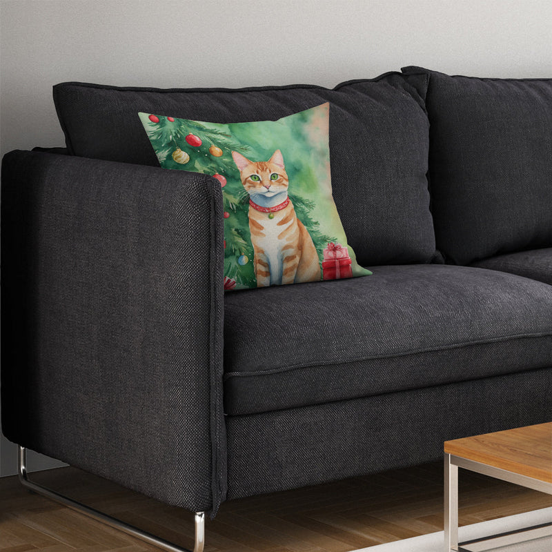 Arabian Mau Cat By the Christmas Tree Throw Pillow