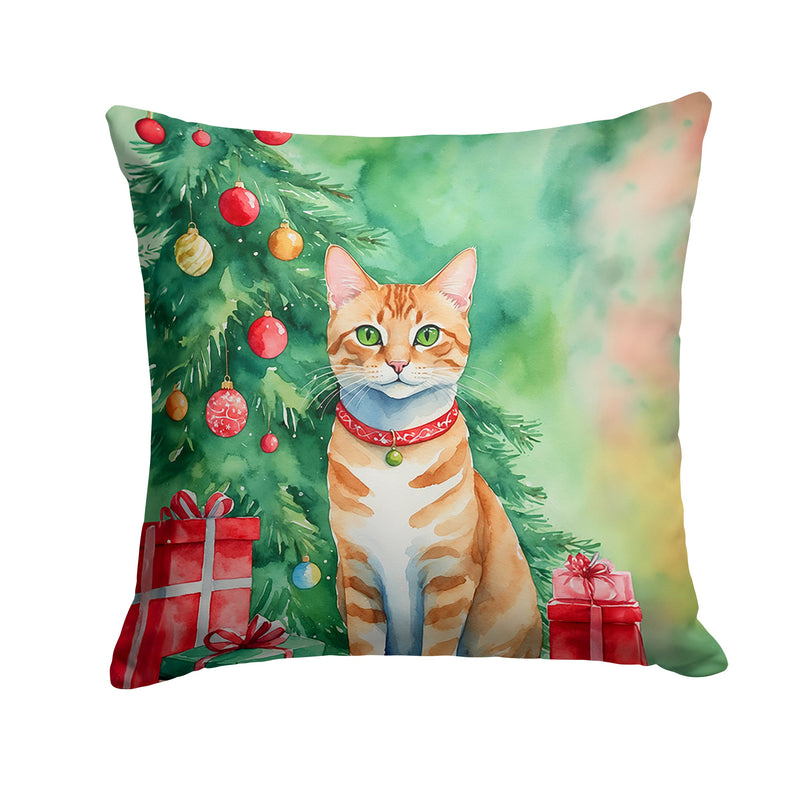 Arabian Mau Cat By the Christmas Tree Throw Pillow