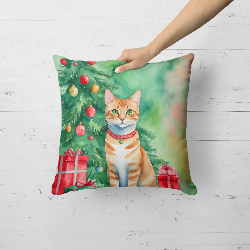 Arabian Mau Cat By the Christmas Tree Throw Pillow