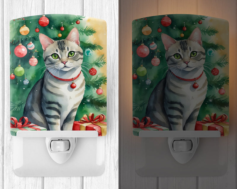 Asian Cat By the Christmas Tree Ceramic Night Light