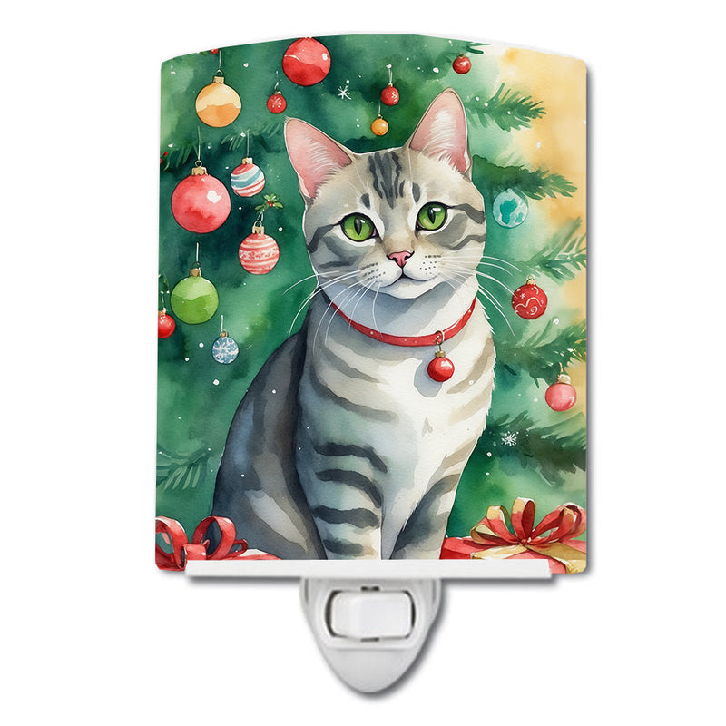 Asian Cat By the Christmas Tree Ceramic Night Light