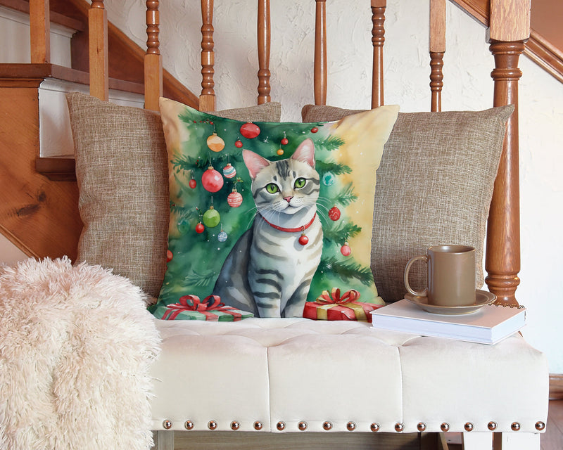 Asian Cat By the Christmas Tree Throw Pillow