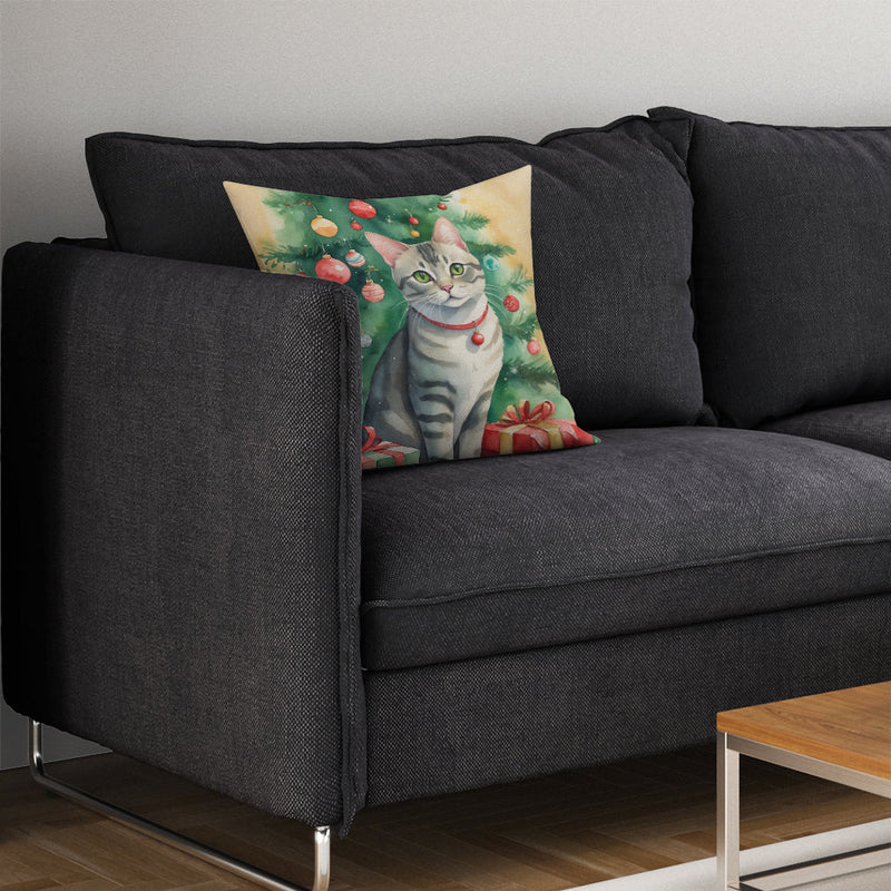 Asian Cat By the Christmas Tree Throw Pillow