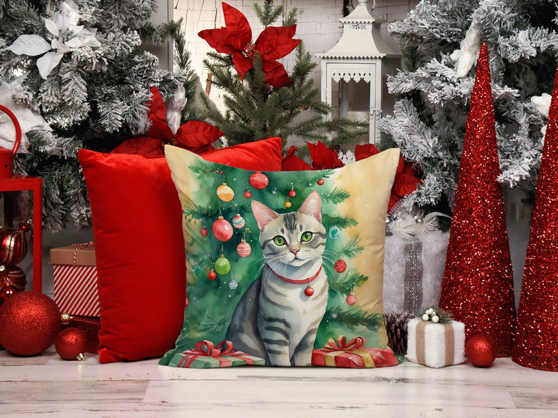 Asian Cat By the Christmas Tree Throw Pillow