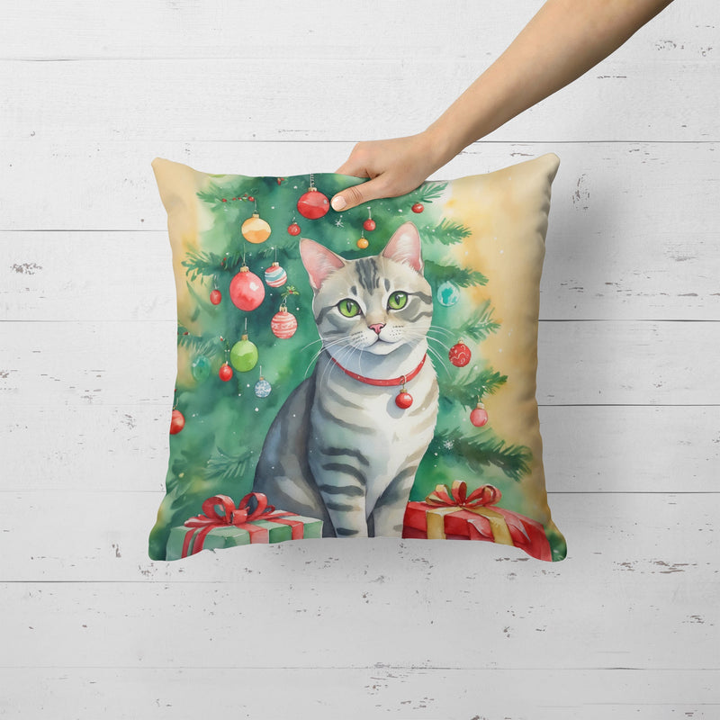 Asian Cat By the Christmas Tree Throw Pillow