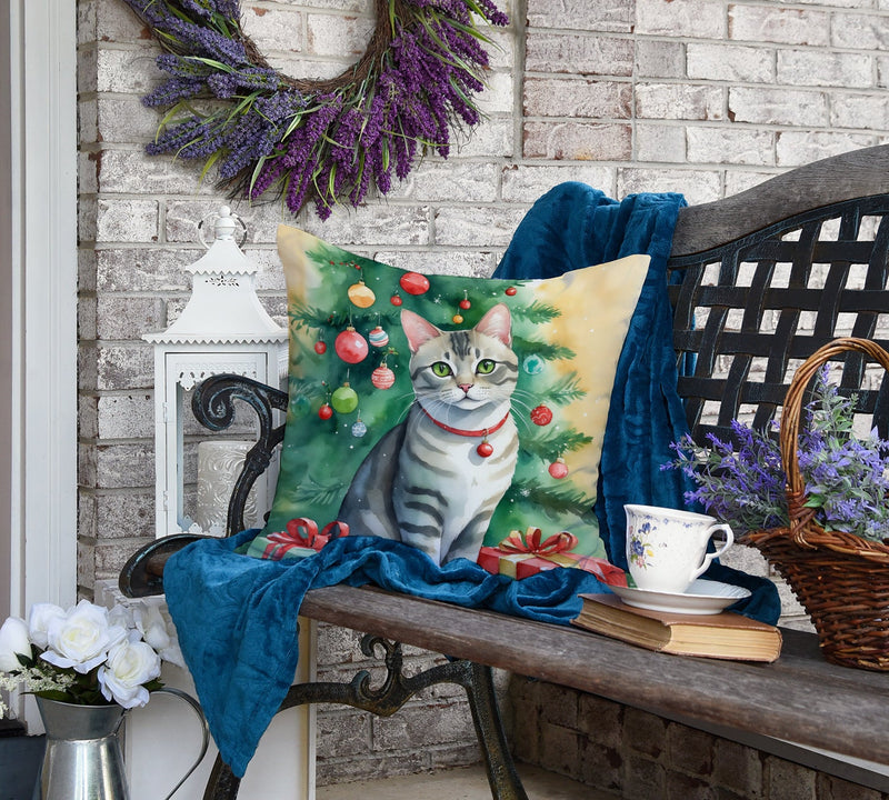 Asian Cat By the Christmas Tree Throw Pillow