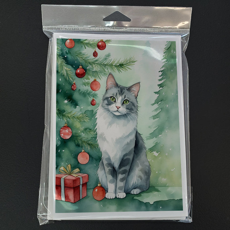 Australian Mist Cat By the Christmas Tree Greeting Cards Pack of 8