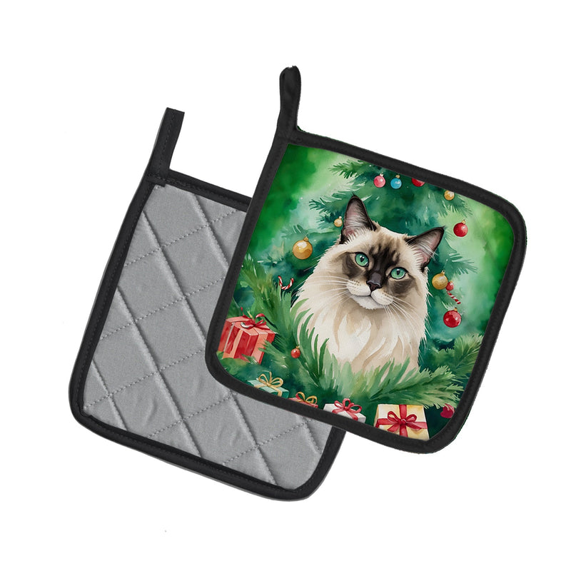 Balinese Cat By the Christmas Tree Pair of Pot Holders