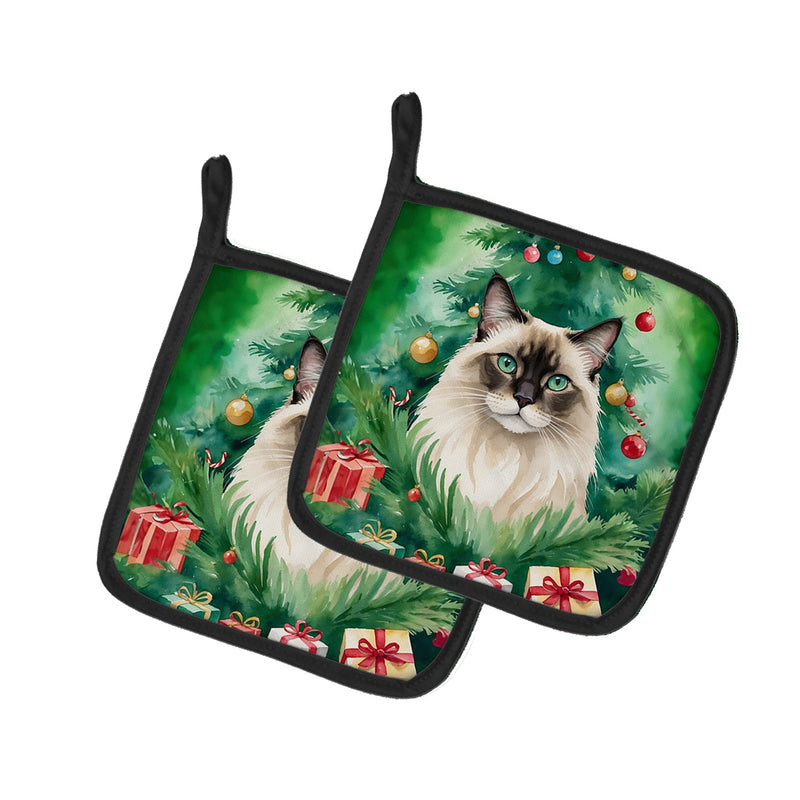 Balinese Cat By the Christmas Tree Pair of Pot Holders