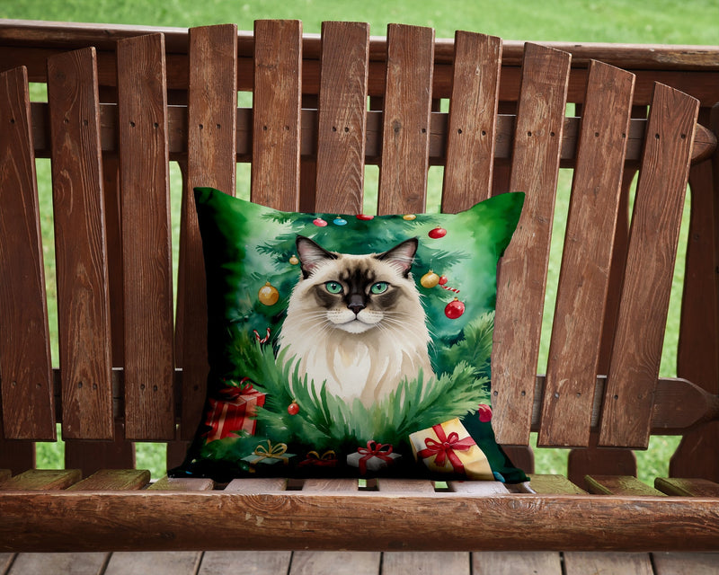 Balinese Cat By the Christmas Tree Throw Pillow