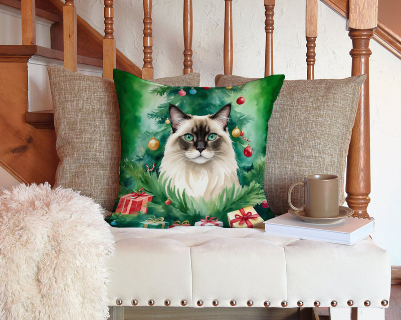 Balinese Cat By the Christmas Tree Throw Pillow