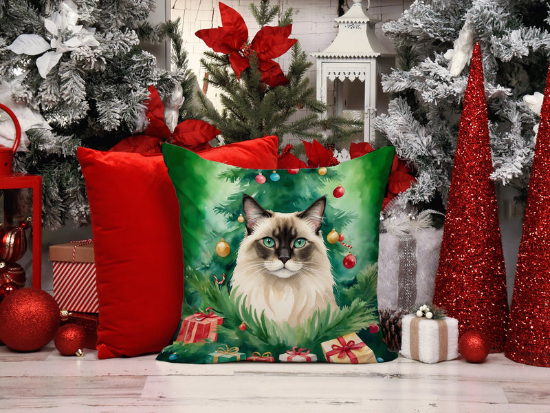 Balinese Cat By the Christmas Tree Throw Pillow