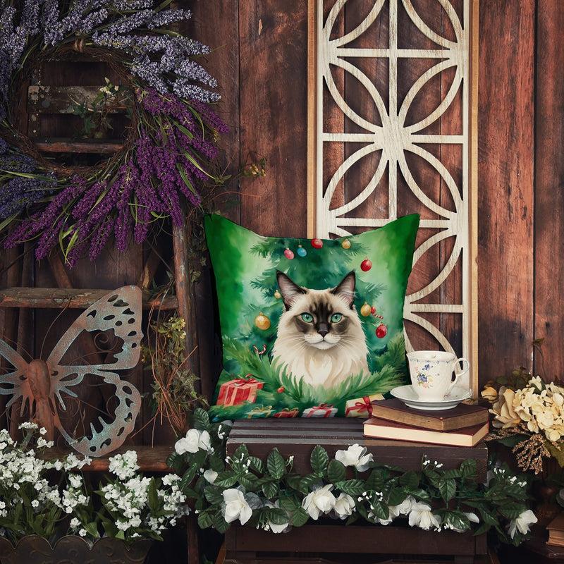 Balinese Cat By the Christmas Tree Throw Pillow