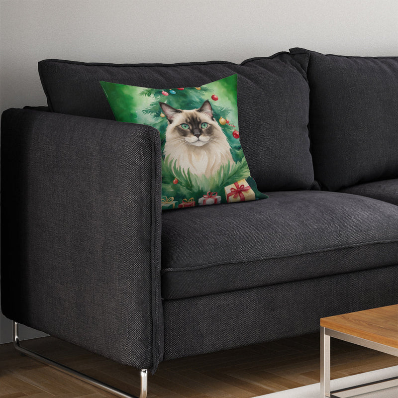 Balinese Cat By the Christmas Tree Throw Pillow