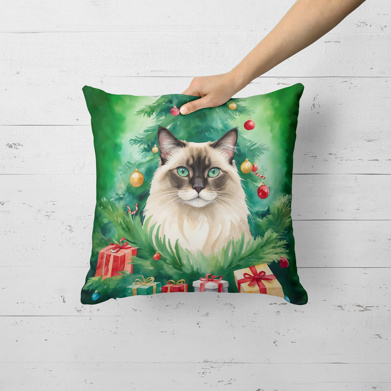 Balinese Cat By the Christmas Tree Throw Pillow