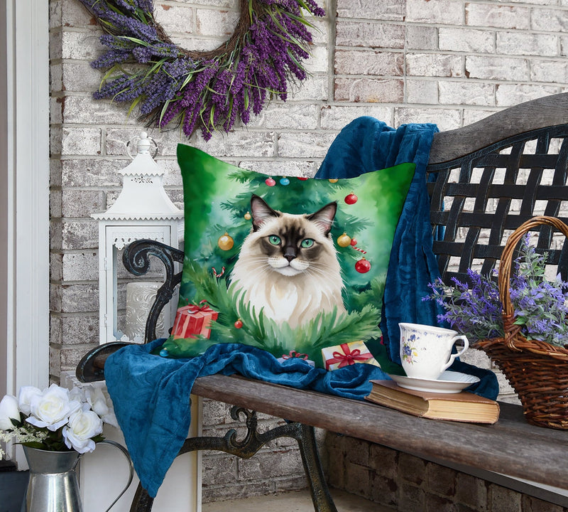 Balinese Cat By the Christmas Tree Throw Pillow