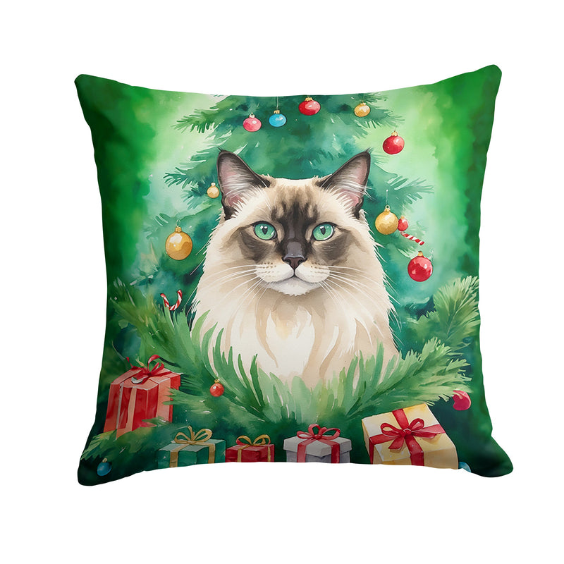 Balinese Cat By the Christmas Tree Throw Pillow