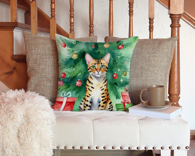 Bengal Cat By the Christmas Tree Throw Pillow