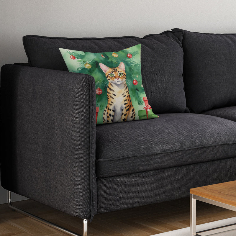 Bengal Cat By the Christmas Tree Throw Pillow