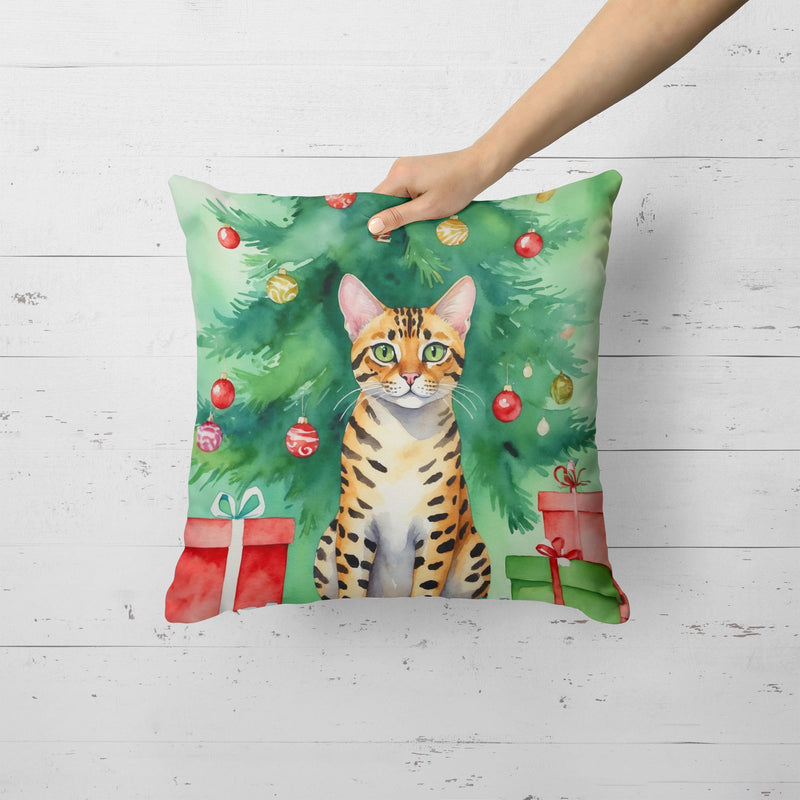 Bengal Cat By the Christmas Tree Throw Pillow