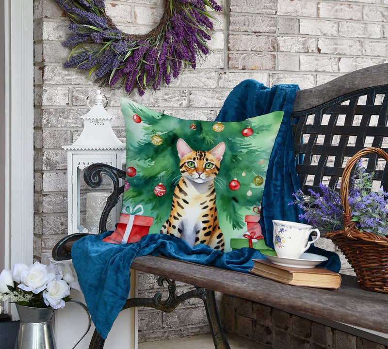 Bengal Cat By the Christmas Tree Throw Pillow