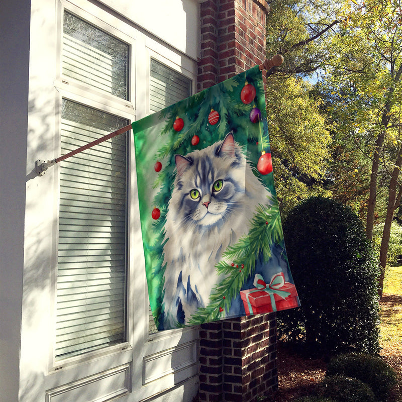 British Longhair Cat By the Christmas Tree House Flag