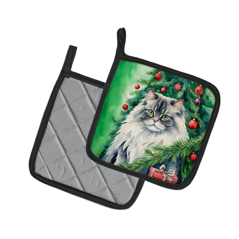 British Longhair Cat By the Christmas Tree Pair of Pot Holders