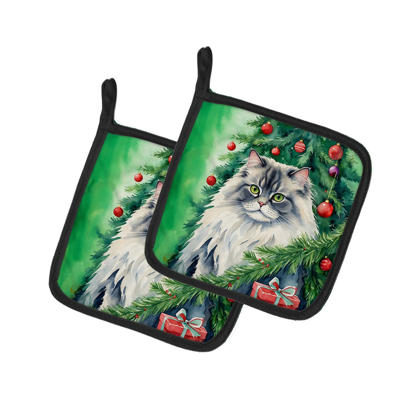 British Longhair Cat By the Christmas Tree Pair of Pot Holders