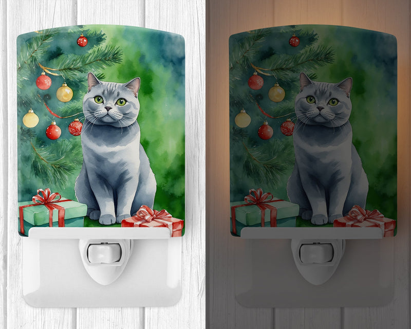 British Shorthair Cat By the Christmas Tree Ceramic Night Light