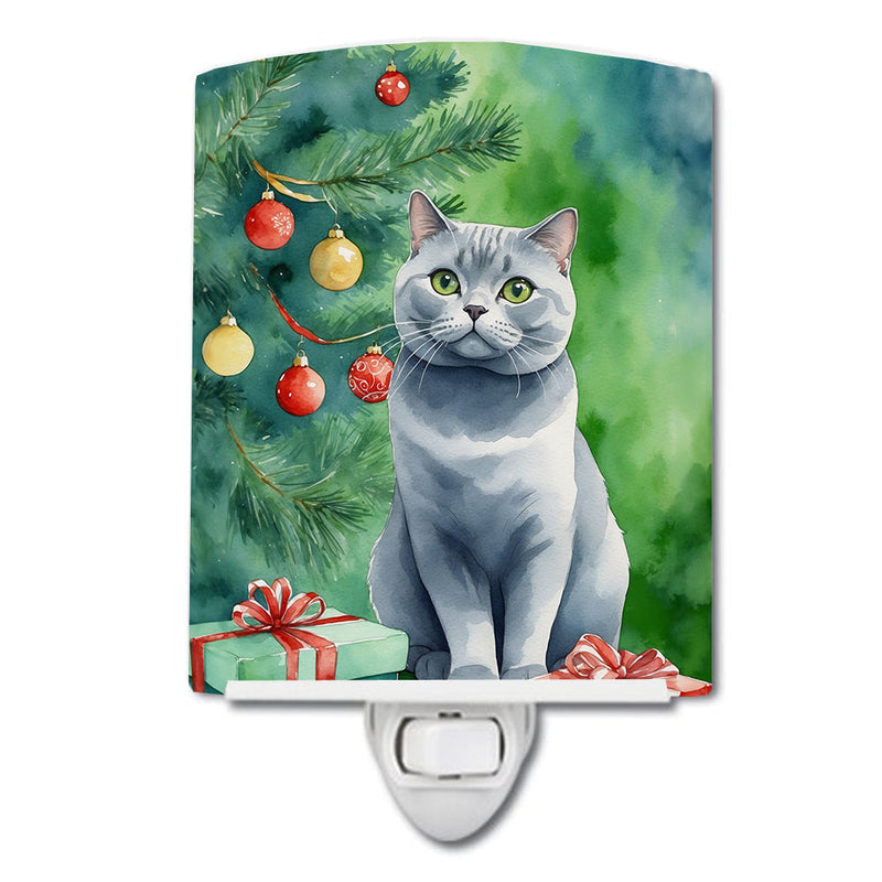 British Shorthair Cat By the Christmas Tree Ceramic Night Light