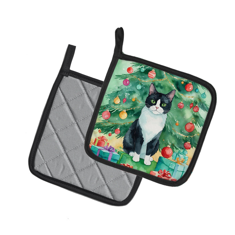 Chantilly Tiffany Cat By the Christmas Tree Pair of Pot Holders