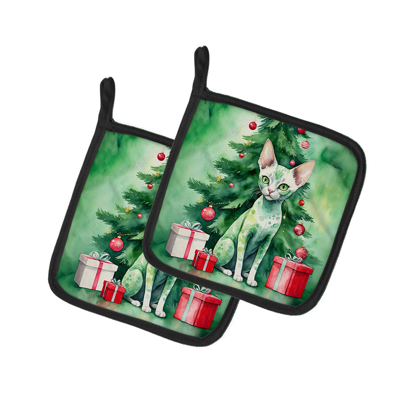 Devon Rex Cat By the Christmas Tree Pair of Pot Holders