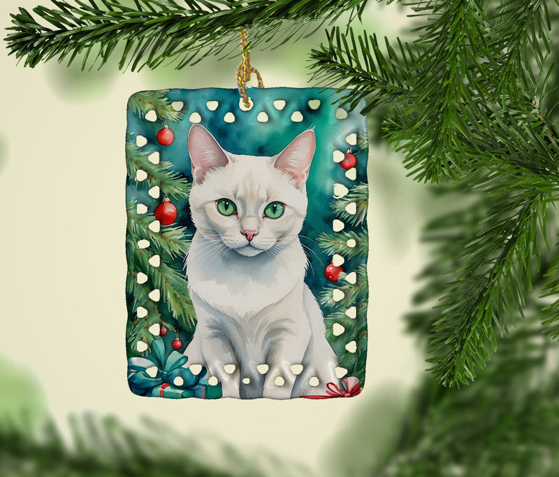 Foreign White Cat By the Christmas Tree Porcelain Ornament