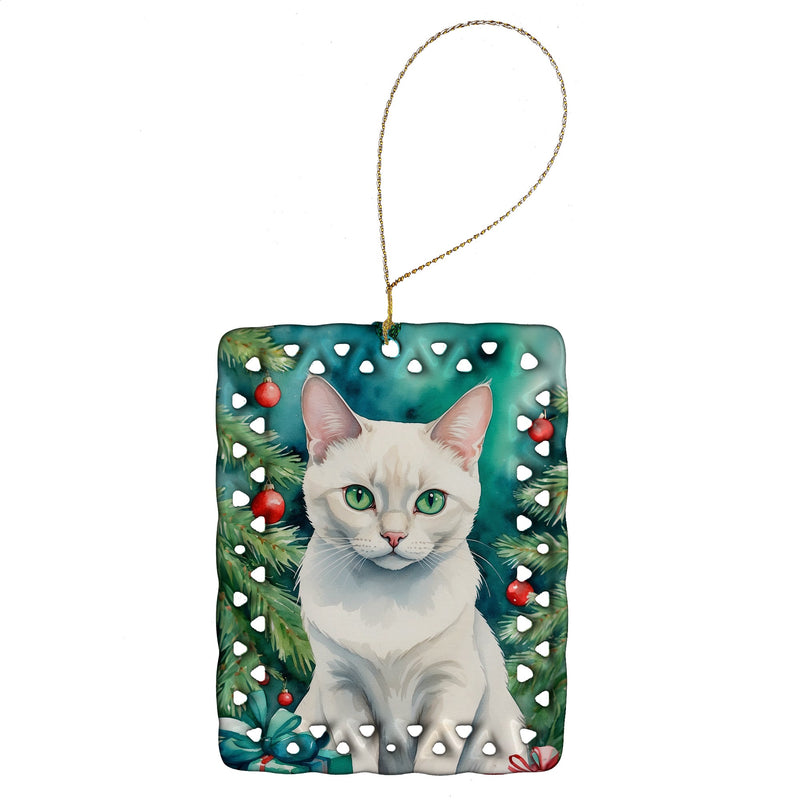 Foreign White Cat By the Christmas Tree Porcelain Ornament