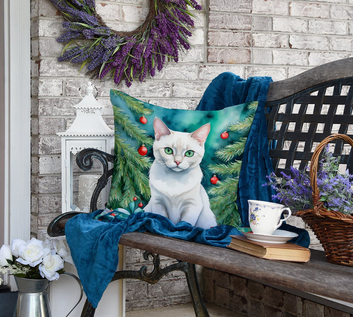 Foreign White Cat By the Christmas Tree Throw Pillow