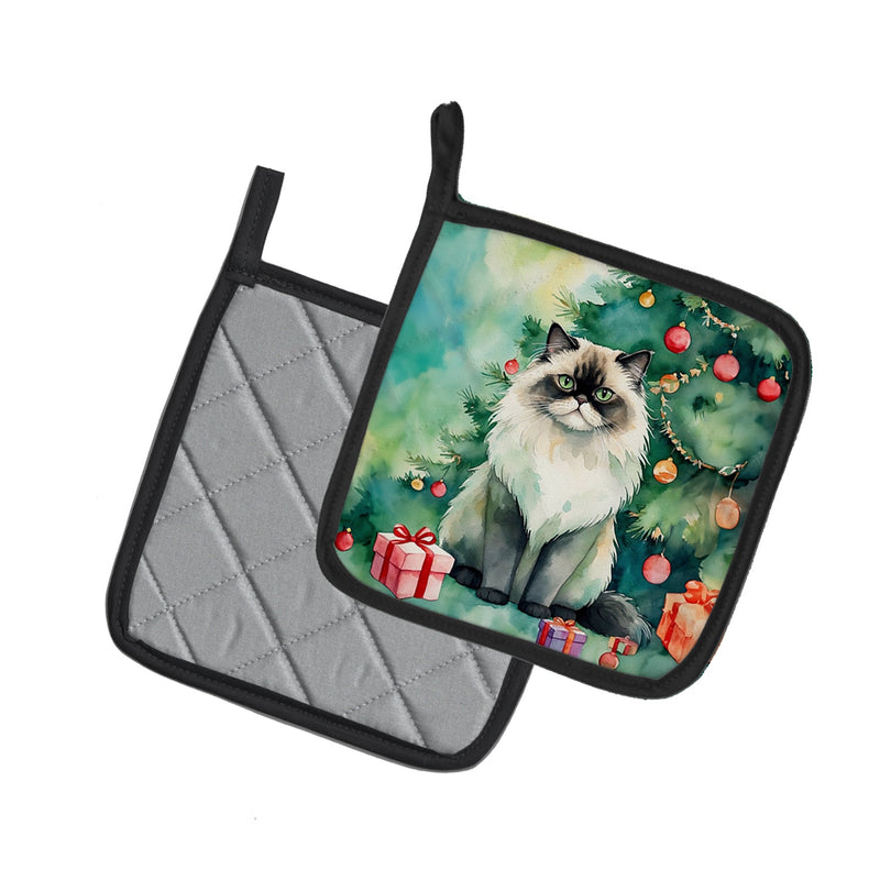 Himalayan Cat By the Christmas Tree Pair of Pot Holders