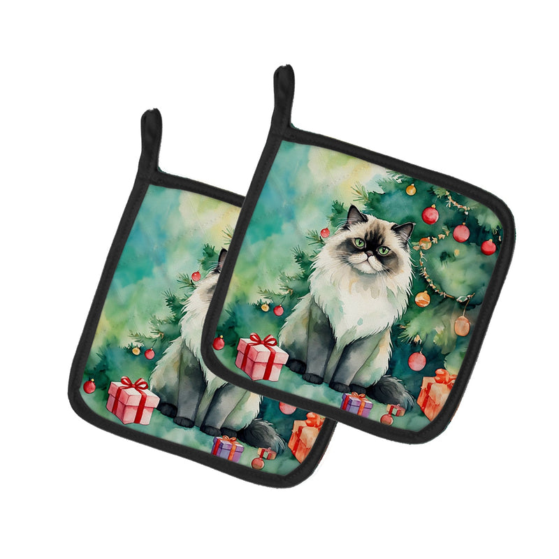 Himalayan Cat By the Christmas Tree Pair of Pot Holders